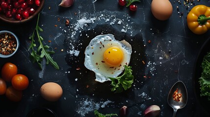 A cracked egg sits on a dark, stark black surface amidst a spread of food. 