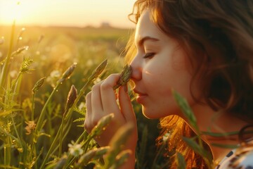 Young woman enjoying the scent of wildflowers in a sunlit field during the golden hour at sunset