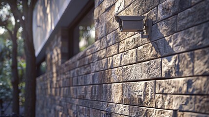A security camera mounted on a brick wall, providing surveillance for a home or business.