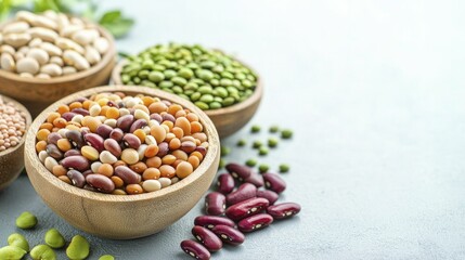 Fototapeta premium Variety of legumes arranged to emphasize fiber intake in diet, minimalist table setting, soft natural light, clean and fresh feel
