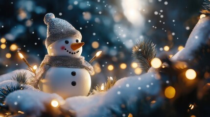 Fototapeta premium Cheerful snowman adorned with a silver hat smiling amidst softly falling snow and twinkling lights in a winter wonderland