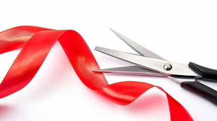 A red ribbon is being cut with a pair of scissors to symbolize the inauguration of a new business activity. The ce