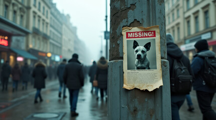 Missing Dog Poster Advertisement in  City Crowd, Help Searching Lost Dog Flyer on Foggy Street