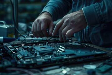 Man disassembles laptop in repair shop  electronic device fixing.