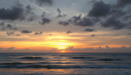 Obraz premium Panorama of sunset at Chaung Tha beach. Cloudy sky. Ending hour at seaside isolated with white highlights, png