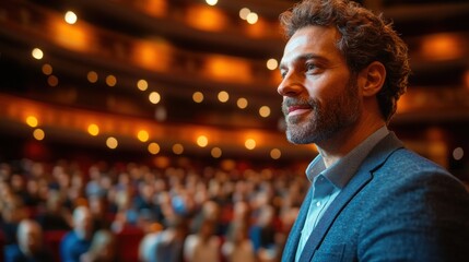 The spotlight highlights a man in a stylish suit, with a thoughtful expression as he interacts with an attentive audience in a vibrant theater setting, filled with warm lights