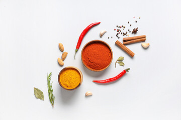 Composition with fresh aromatic spices on grey background