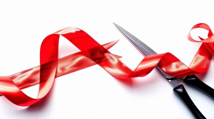 A red ribbon is being cut with a pair of scissors to symbolize the inauguration of a new business activity. The ceremony is taking place against a crisp white background, signif