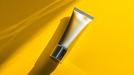 A sleek and fashionable metal tube containing a creamy substance, set against a vibrant yellow backdrop. 