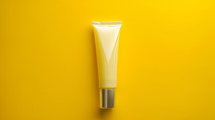 A sleek and fashionable metal tube containing a creamy substance, set against a vibrant yellow backdrop. 