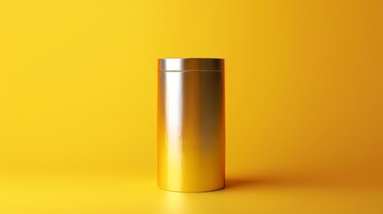 A sleek and trendy metallic cylinder containing a luxurious cream substance, prominently displayed against a vibrant yellow backdrop. 