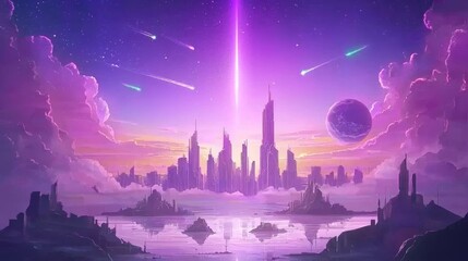 A light futuristic night city illustration scape digital, a building in the future, a street of the future