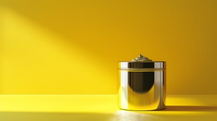 A sleek and trendy metallic cylinder containing a luxurious cream substance, prominently displayed against a vibrant yellow backdrop.