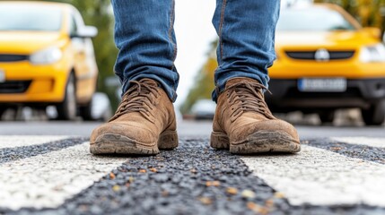 A person wearing rugged boots stands on a crosswalk, surrounded by parked yellow vehicles in a vibrant urban area under clear skies, suggesting a busy day