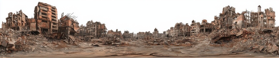 Fototapeta premium The vast post-apocalyptic skyline silhouette at dusk - premium pen tool cutouts - tall buildings and skyscrapers - debris and destruction - wide panoramic angle view
