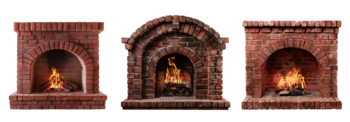 Set of red brick fireplaces with burning fire on a transparent background, PNG format. Ideal for creating cozy, warm and homey looks.