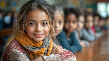 A cheerful young girl with wavy hair and a colorful scarf sits at the front of a long table, smiling warmly at the camera while surrounded by her classmates in a cozy classroom