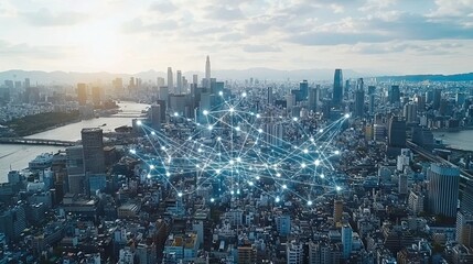 Fototapeta premium Concept of smart city and communication network. 5G. IoT Internet of Things. Telecommunication, city skyline futuristic modern smart building.