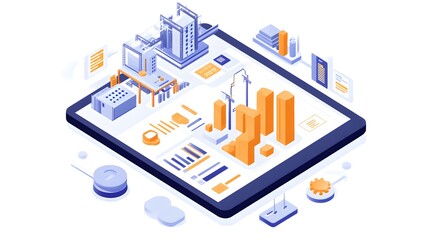 Digital illustration of data analysis featuring graphs, buildings, and tablets in a modern setting, perfect for business concepts.