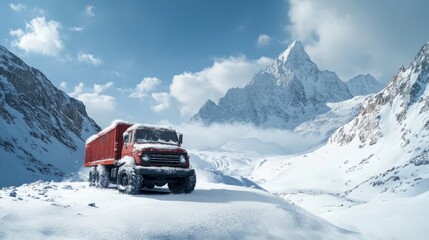 truck in mountains with snow .truck in the snow
