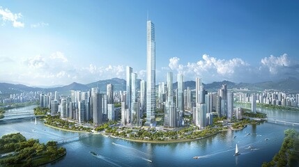 Obraz premium Cityscape background with white buildings and greenery of the future. Stock illustration.