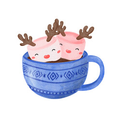 Watercolor cup of coffee with marshmallow Christmas beverage. Hot drinks, cocoa, coffee, tea