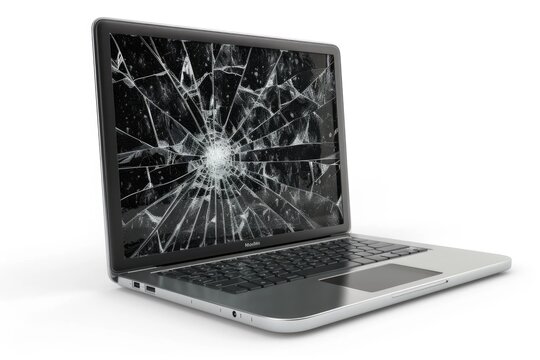 Computer laptop with broken screen isolated on white background. 3d illustration