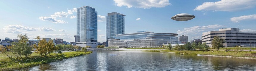 It is a painting of a futuristic city with green buildings and blue skies. The city is filled with life and movement.