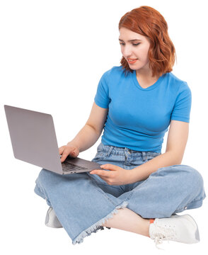Pretty woman working on laptop, full body length caucasian red bob hair pretty woman working on laptop sitting crossed legs on floor. Side view cute freelancer businesswoman. Tranparent png image.
