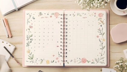 Flat lay of a floral designed planner on a wooden table, perfect for organization and scheduling. Ideal for stationery enthusiasts.