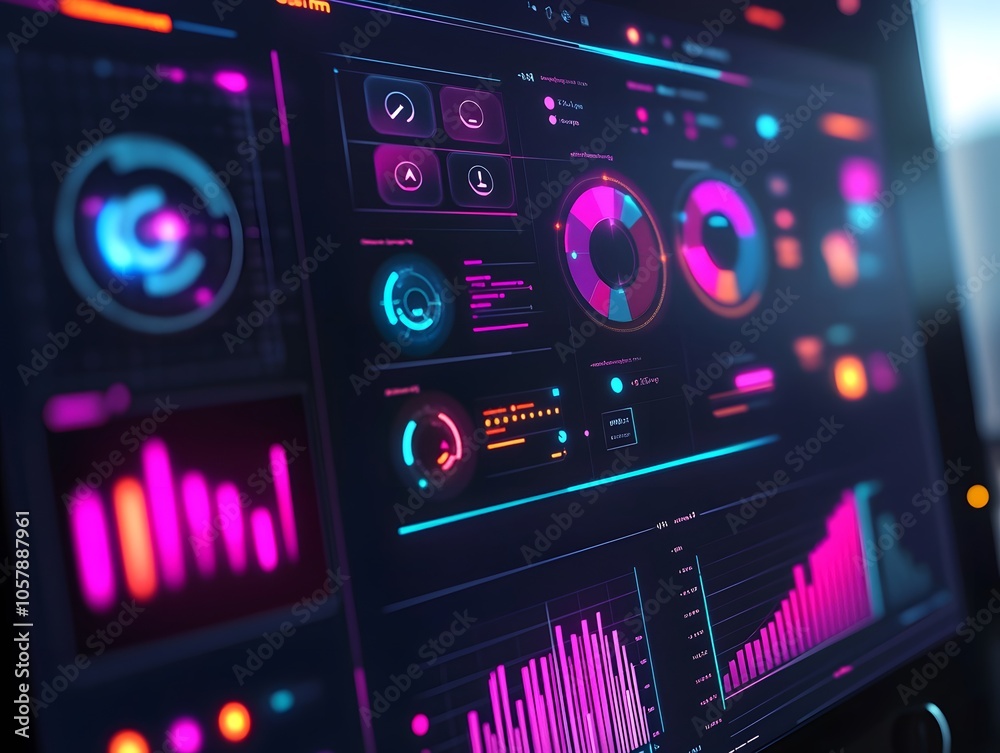 Poster futuristic data dashboard displaying vibrant graphs, charts, and digital metrics for analysis and vi