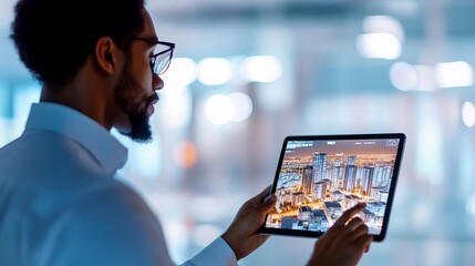 Businessman with augmented cityscape on tablet, planning property investments