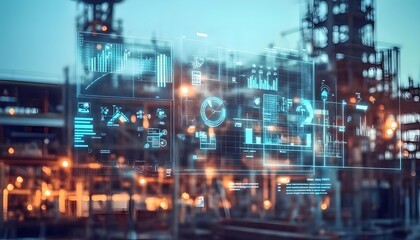 Fototapeta premium Futuristic industrial landscape showcasing digital data visualization and analytics in an advanced manufacturing environment.