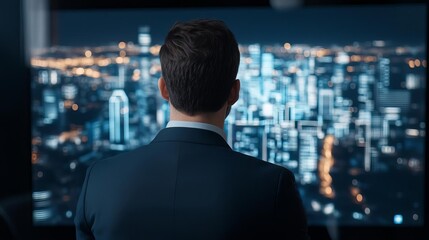 Businessman with holographic cityscape display, future real estate insights