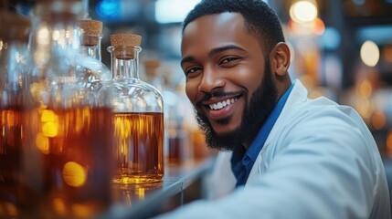 A cheerful scientist in a lab coat inspects various amber liquids in glass containers at a research facility, showcasing a moment of discovery and enthusiasm during evening hours