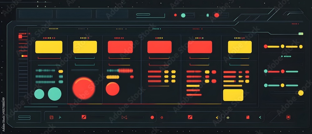 Poster futuristic user interface design showcasing colorful controls and charts for modern applications and