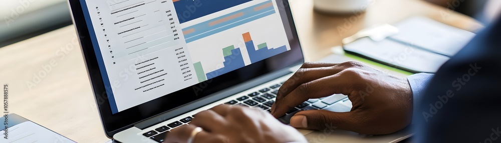 Poster hand on laptop keyboard analyzing data with charts and graphs on the screen, representing technology