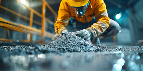 Construction Worker Analyzing Concrete Foundation | Engineer Checking Construction Quality