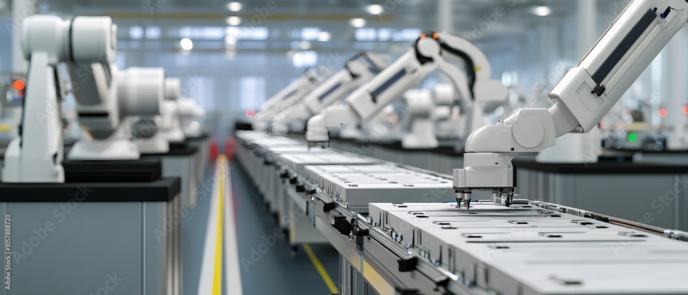Poster high-tech factory with robotic arms working on production line for automation and manufacturing proc