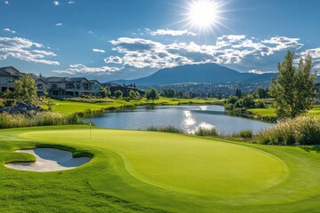 Scenic sunset over a lush golf course with water features and residential areas in the background