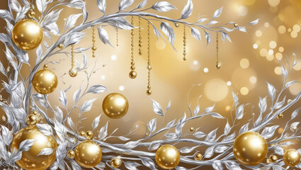Fototapeta premium Elegant golden and silver holiday decorations on a shimmering background.