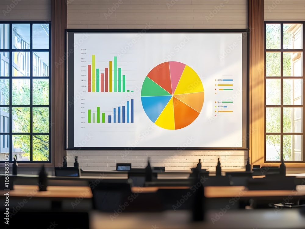 Fototapete Modern conference room with a large screen displaying colorful charts and graphs, ideal for presentations and data analysis.