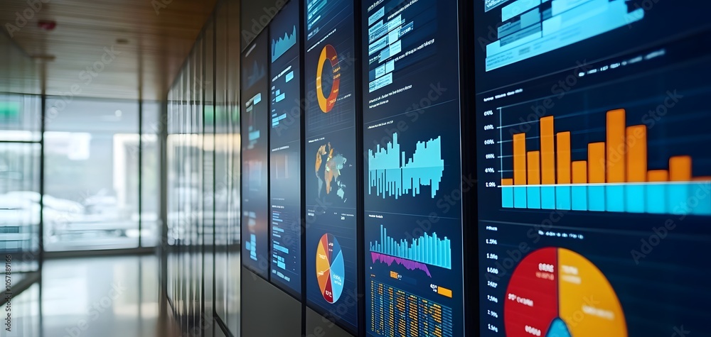 Poster modern office display showcasing interactive data visualizations and analytical tools for business i