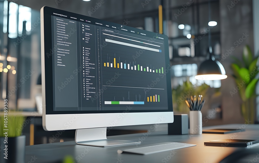 Fototapete Modern workspace featuring a desktop computer displaying analytical data charts for business performance and productivity.