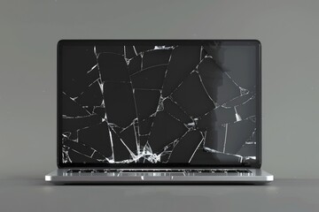 Broken screen laptop on gray background  close up view.