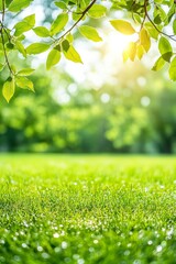 Obraz premium A serene park in early spring showcasing lush green trees and morning dew under a misty sky