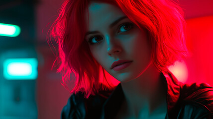 Naklejka premium Portrait of a woman with vibrant red hair in a neon-lit environment, creating a melancholic and cyberpunk atmosphere.