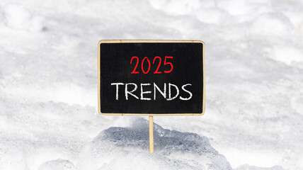 Planning 2025 trends new year symbol. Concept words 2025 Trends on beautiful yellow chalk blackboard. Beautiful white snow background. Business 2025 trends new year concept. Copy space.