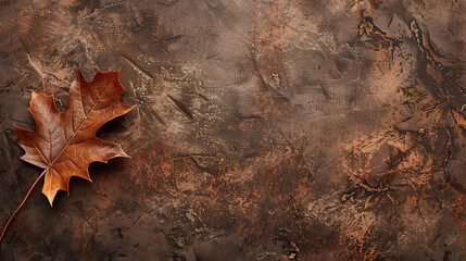 Rustic autumn background with a single brown maple leaf.
