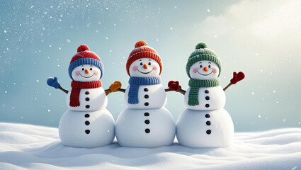 Fototapeta premium Three cheerful snowmen with hats and scarves in a snowy landscape, winter scene.